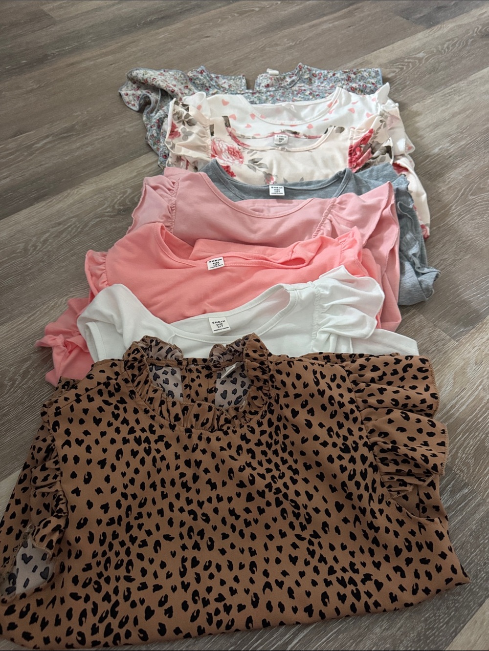 SHEIN Girls Mixed Ruffle Sleeve Tops - Brown Leopard, Pink, White, Gray, Floral